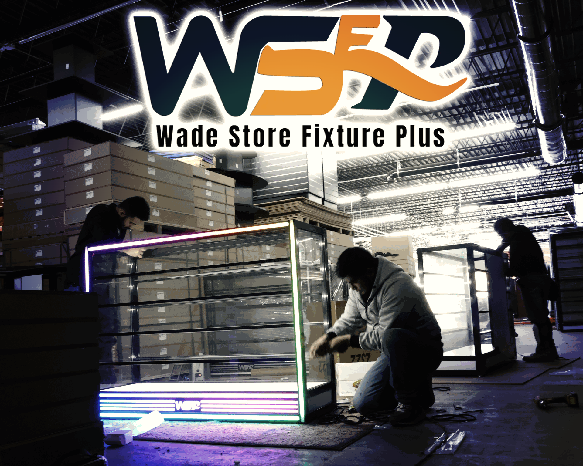 workers assembling showcases store logo