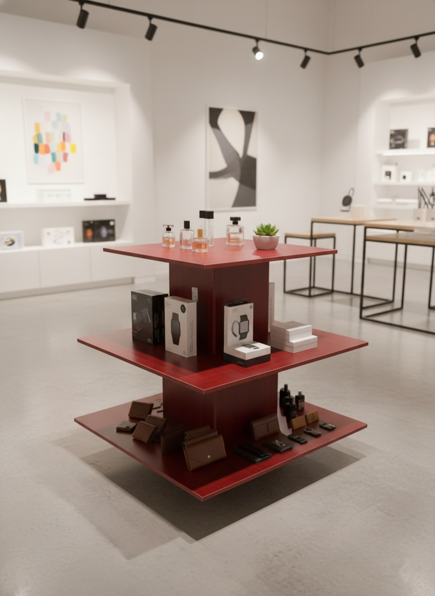 Square Island Floor Display Cherry 3 layer Square Island Floor Display Cherry 3 layer