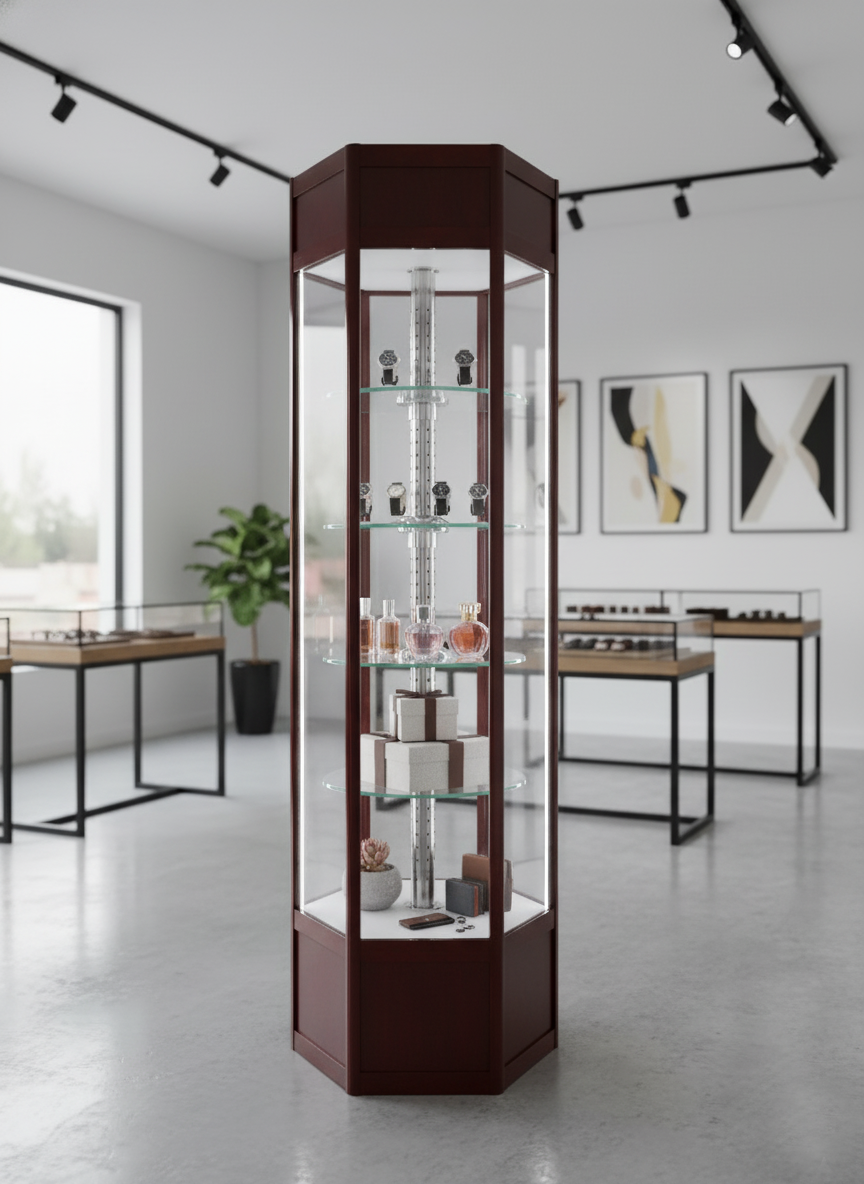 Showcase hexagon side glass with 360 rotating shelvis brown Showcase hexagon side glass with 360 rotating shelvis brown