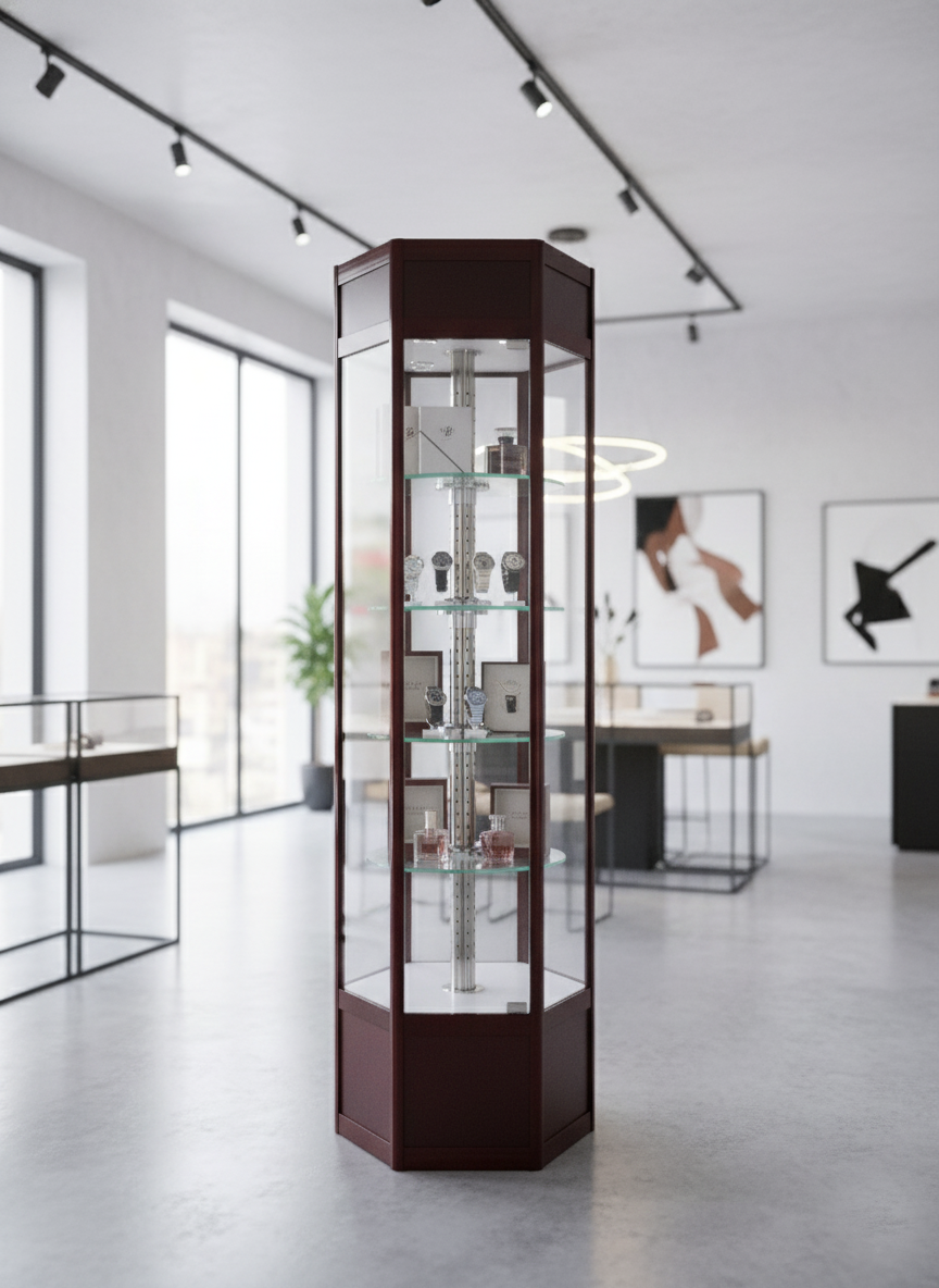 Showcase hexagon side glass with 360 rotating shelvis brown Showcase hexagon side glass with 360 rotating shelvis brown