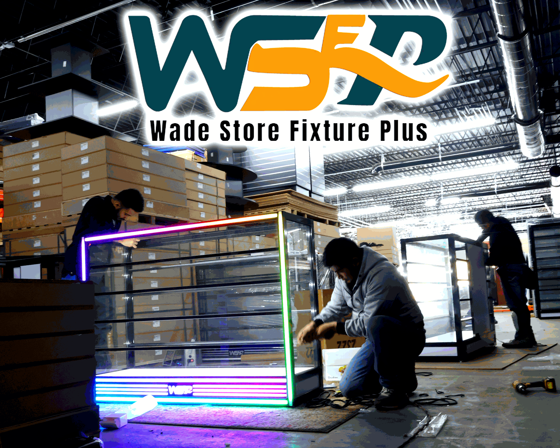 workers assembling showcases store logo
