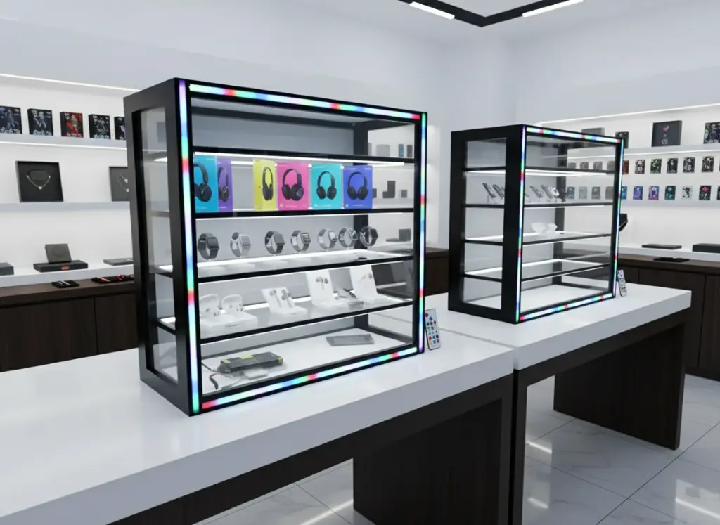 3ft_3ft Countertop Showcase with Neon Light Sync Musicretail_in_use.webp